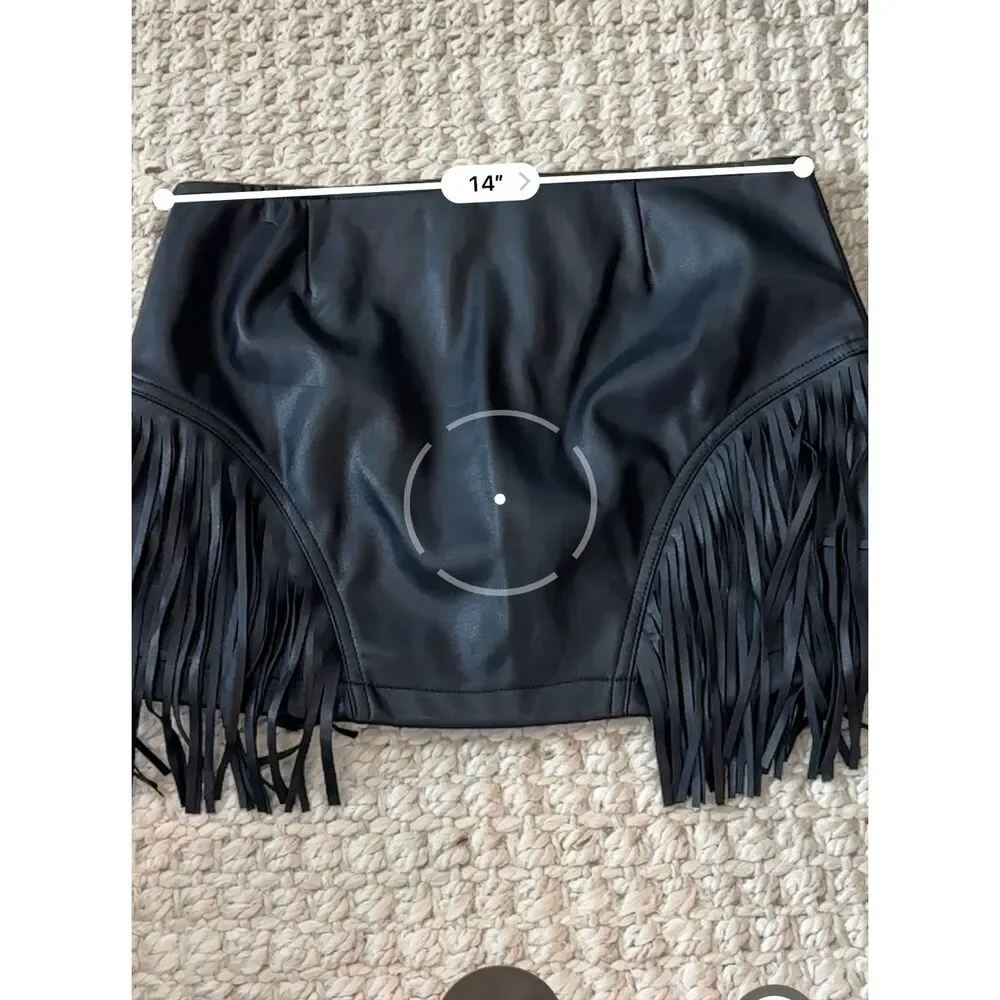 NWT Superdown Black Faux Leather Fringe Mini Skirt Zip Front Western Y2K, Small - Picture 7 of 7